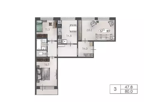 3-к кв. Санкт-Петербург просп. Пятилеток, 19 (80.0 м)