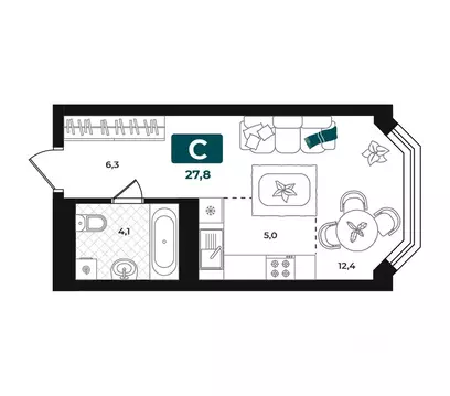 Студия Тюменская область, Тюмень Добро жилой комплекс (27.8 м)