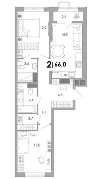 2-к кв. Владимирская область, Владимир Уно жилой комплекс (66.0 м)