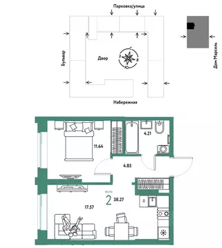 2-к кв. Тюменская область, Тюмень Береговая ул., 100к2 (38.27 м)