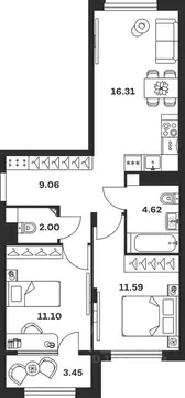 2-к кв. Тульская область, Тула Баташи Парк жилой комплекс (58.13 м)