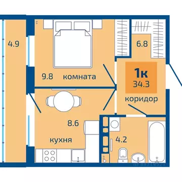 1-к кв. Пермский край, Пермь ул. Старшего Лейтенанта Гачегова, 1 (34.3 ...