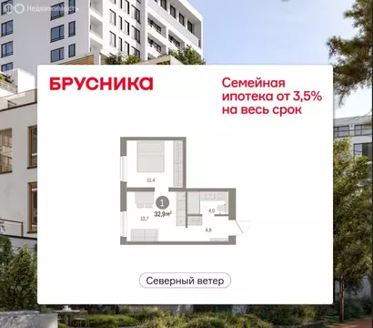 1-комнатная квартира: Санкт-Петербург, ЖК Северный Ветер (32.86 м)