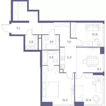 Квартира, 3 комнаты, 85.2 м