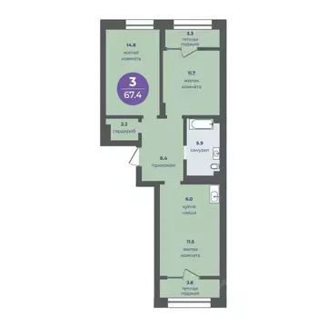 3-к кв. Красноярский край, Красноярск ул. Кутузова (60.5 м)