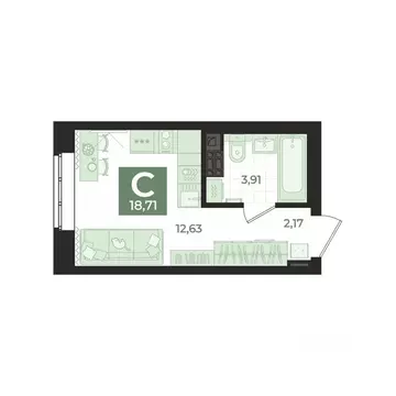 Студия Свердловская область, Екатеринбург Уктус жилрайон,  (18.71 м)