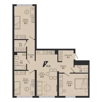 3-к кв. Свердловская область, Екатеринбург Вторчермет жилрайон,  (91.8 ...