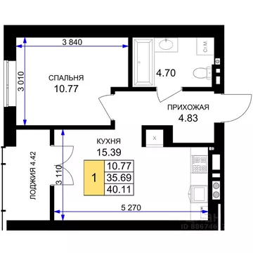 1-к кв. Калининградская область, Гурьевск Включи жилой комплекс (40.11 ...