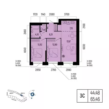 3-комнатная квартира: Уфа, улица Рудольфа Нуреева, 7 (65.46 м)