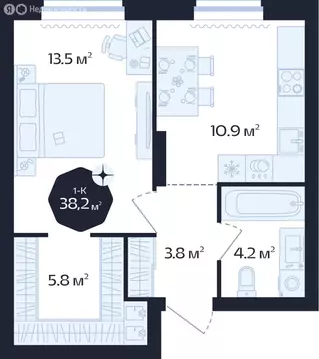 1-комнатная квартира: Тюмень, Новгородская улица, 22 (38.2 м)