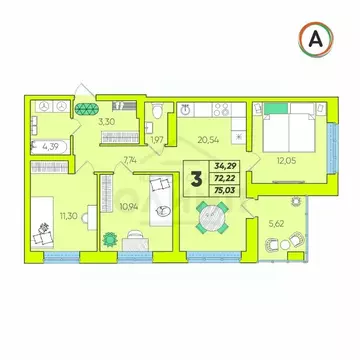 3-к кв. Калужская область, Калуга Новая ул., 47/3 (75.03 м)