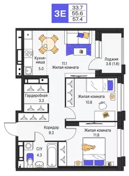3-к кв. Пермский край, Пермь ул. Карла Модераха, 7 (57.4 м)