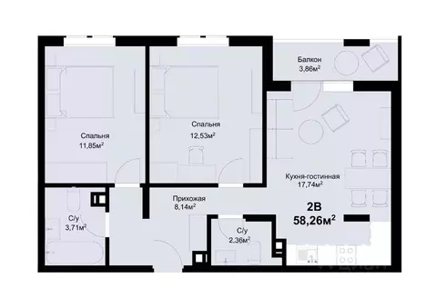 2-к кв. Самарская область, Тольятти ул. Маршала Жукова, 60 (58.15 м)