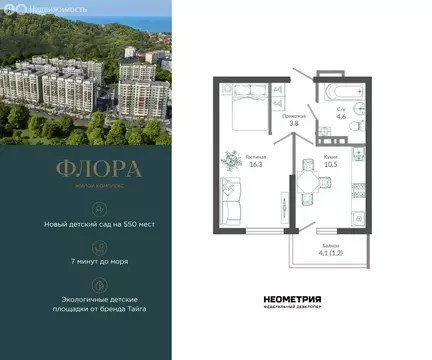 1-комнатная квартира: Сочи, улица Искры, 66/9к7 (36.5 м)