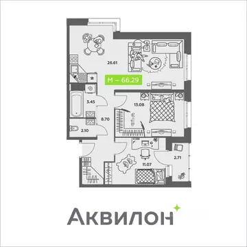 2-к кв. Архангельская область, Архангельск ул. Валявкина, 38 (66.29 м)