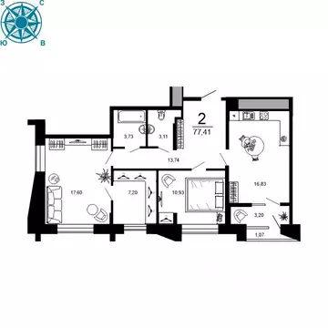 2-к кв. Рязанская область, Рязань ул. 1-я Железнодорожная (77.41 м)