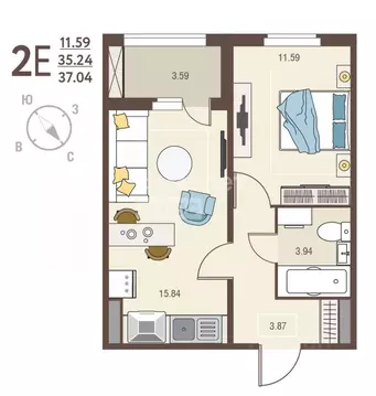 1-к кв. Курская область, Курск ул. Энгельса, 115 (39.53 м)