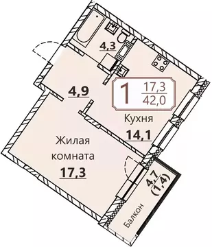 1-к кв. Чувашия, Чебоксары ул. Герцена, поз3 (42.0 м)