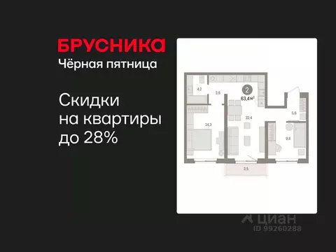 2-к кв. Свердловская область, Екатеринбург пер. Торфяной, 4 (63.4 м)