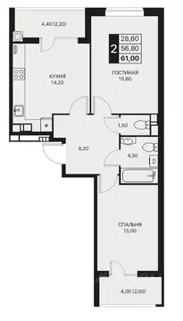 2-к кв. Ростовская область, Ростов-на-Дону Эстет жилой комплекс (61.2 ...