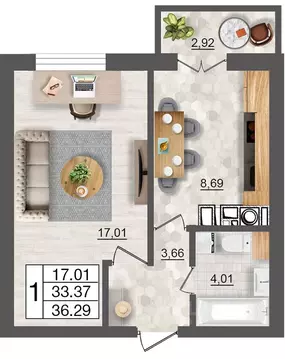 1-к кв. Смоленская область, Смоленск Максимум жилой комплекс (36.29 м)