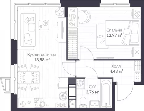 1-комнатная квартира: Сертолово, ЖК Верен Норт Сертолово (41.04 м)