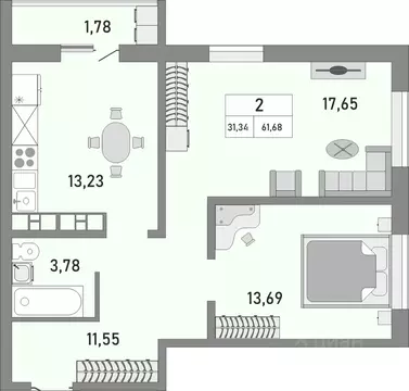 2-к кв. Оренбургская область, Оренбург ул. Юркина, 4/1 (61.68 м)