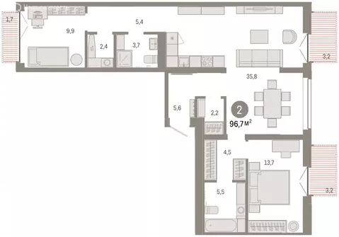 3-комнатная квартира: Тюмень, улица Республики, 205к2 (96.6 м)