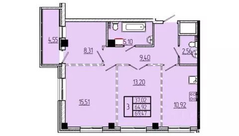 3-к кв. Омская область, Омск Волгоградская ул., с3 (69.47 м)