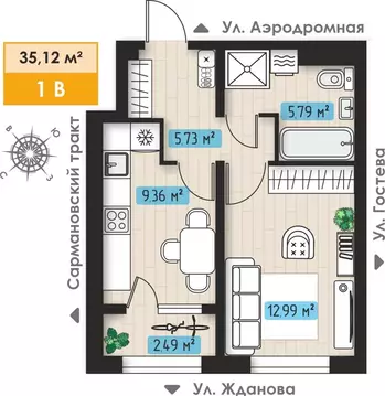 1-к кв. Татарстан, Набережные Челны ул. Жданова, 9 (35.12 м)