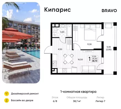 1-комнатная квартира: Сукко, жилой комплекс Кипарис (38.7 м)