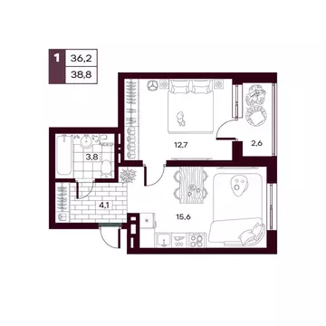 1-комнатная квартира: Дударева, ЖК Макс (39.3 м)