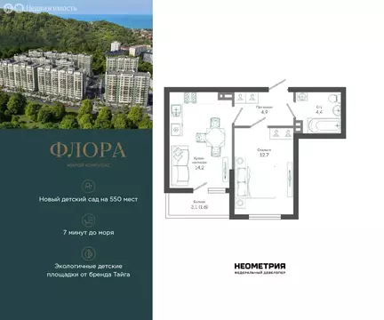 1-комнатная квартира: Сочи, улица Искры, 66/9к6 (38.1 м)