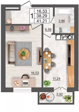 1-к кв. Смоленская область, Смоленск Максимум жилой комплекс (41.21 м)
