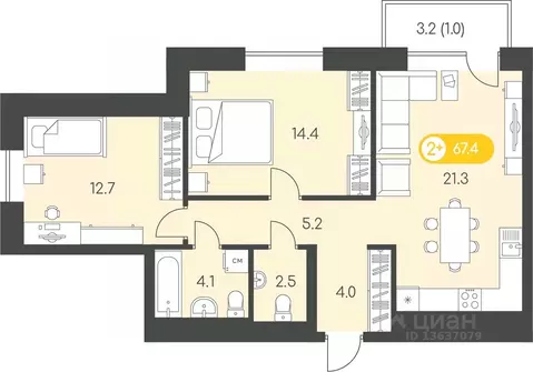 2-к кв. Удмуртия, Ижевск Воткинское ш., 53к1 (67.4 м)