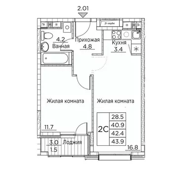 2-к кв. Приморский край, Владивосток ул. Расула Гамзатова, 7к2 (43.9 ...