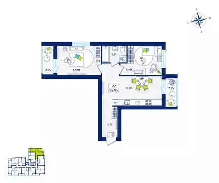 2-к кв. Калининградская область, Зеленоградск  (52.95 м)