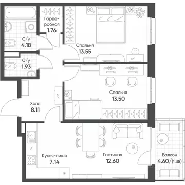 3-к кв. Татарстан, Казань Квартал Сюита жилой комплекс (64.2 м)