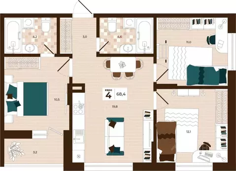 4-к кв. Тульская область, Тула ул. Академика Насоновой, 3 (68.4 м)