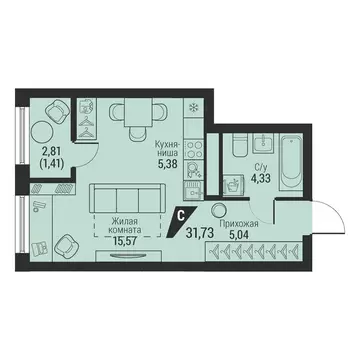 1-комнатная квартира: Екатеринбург, проспект Космонавтов, 100 (31.73 ...