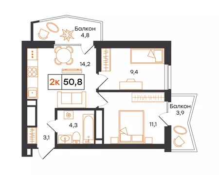 2-комнатная квартира: Екатеринбург, улица Патриса Лумумбы, 54 (50.8 м)