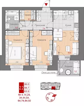 2-к кв. Новгородская область, Великий Новгород 29-й кв-л,  (63.9 м)