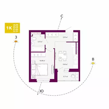 1-комнатная квартира: Екатеринбург, проспект Космонавтов, 103А (31.04 ...