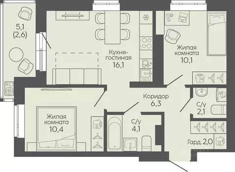 2-к кв. Волгоградская область, Волгоград Трехгорная ул., 27 (53.7 м)