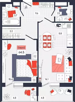 2-к кв. Тульская область, Тула ул. Академика Насоновой, 9 (64.5 м)
