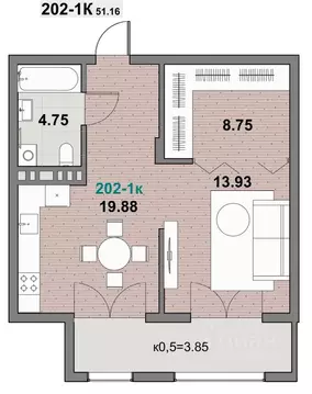 1-к кв. Калининградская область, Зеленоградск ул. Гагарина (51.16 м)