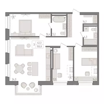 3-к кв. Башкортостан, Уфа 563-й кв-л,  (100.8 м)