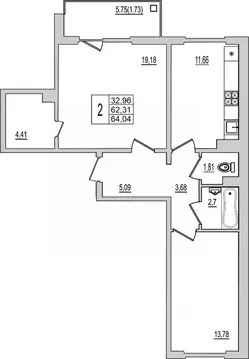 2-к кв. Псковская область, Псков Рижский просп., 94Г (64.04 м)