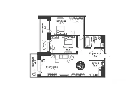 2-к кв. Хакасия, Абакан ул. Генерала Тихонова, 14 (76.2 м)