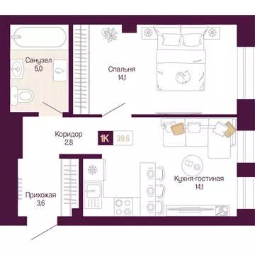 1-комнатная квартира: Нижний Новгород, Нижегородский район (39.6 м)